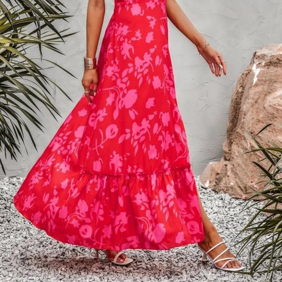 Red Pink Floral Maxi Dress - Picture 7 of 8